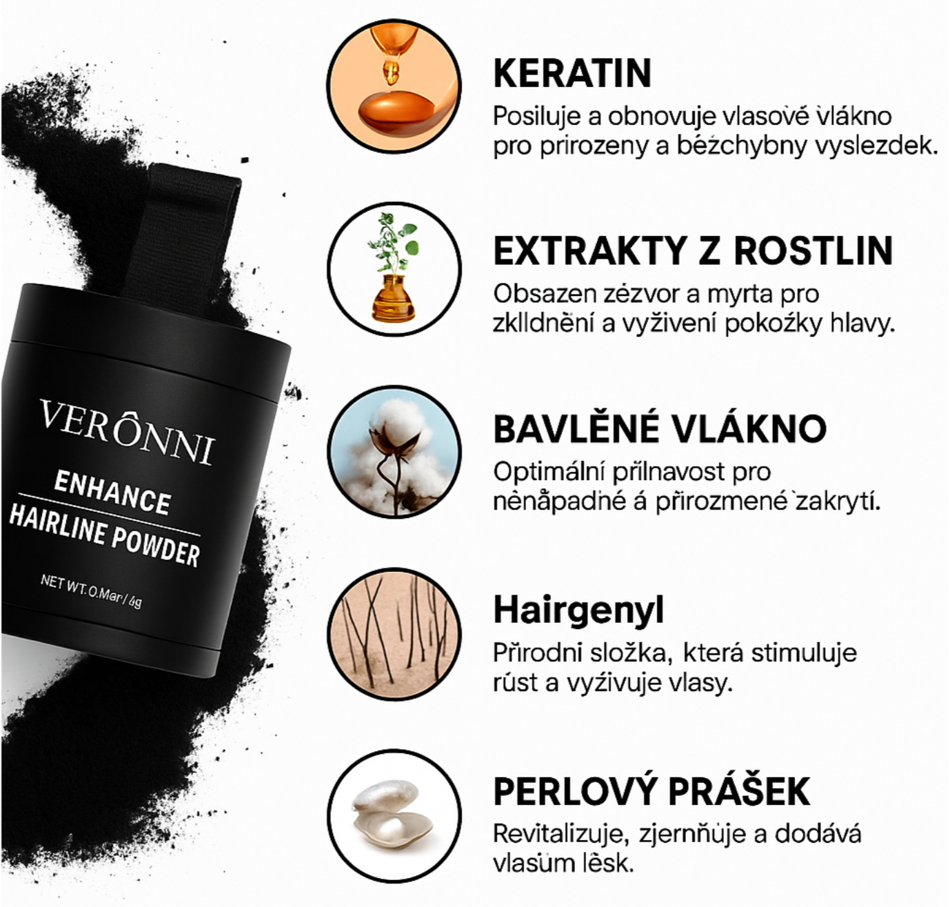 Verônni hairline powder packaging with ingredients listed on a white background